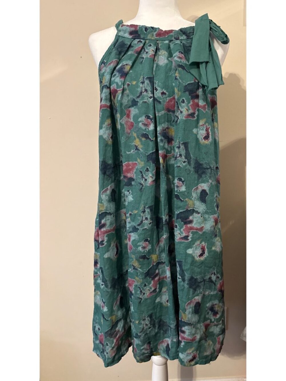 Bellambra Made Italy 100% Linen Women's Halter Green Floral Tie Neck Dress M NWT
